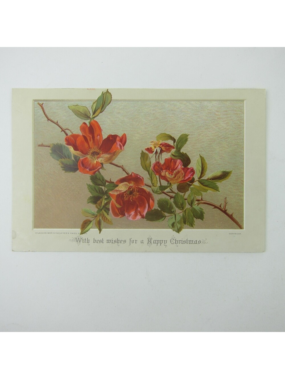 Victorian Christmas Card Red Orange Rose Flowers Hildesheimer & Faulkner Antique